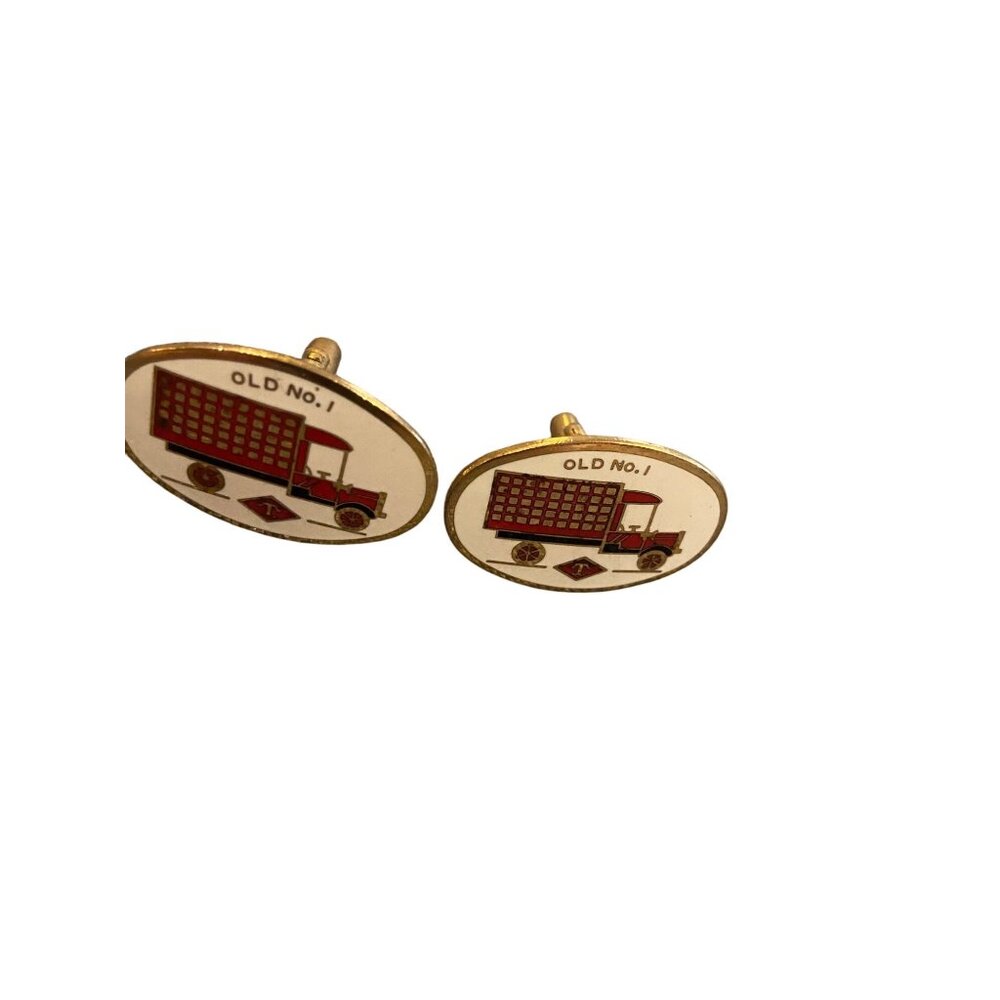 Vtg Gold Tone "Old No.1" Cufflinks With Red & White Truck Design-3/4” L x 1/2” W